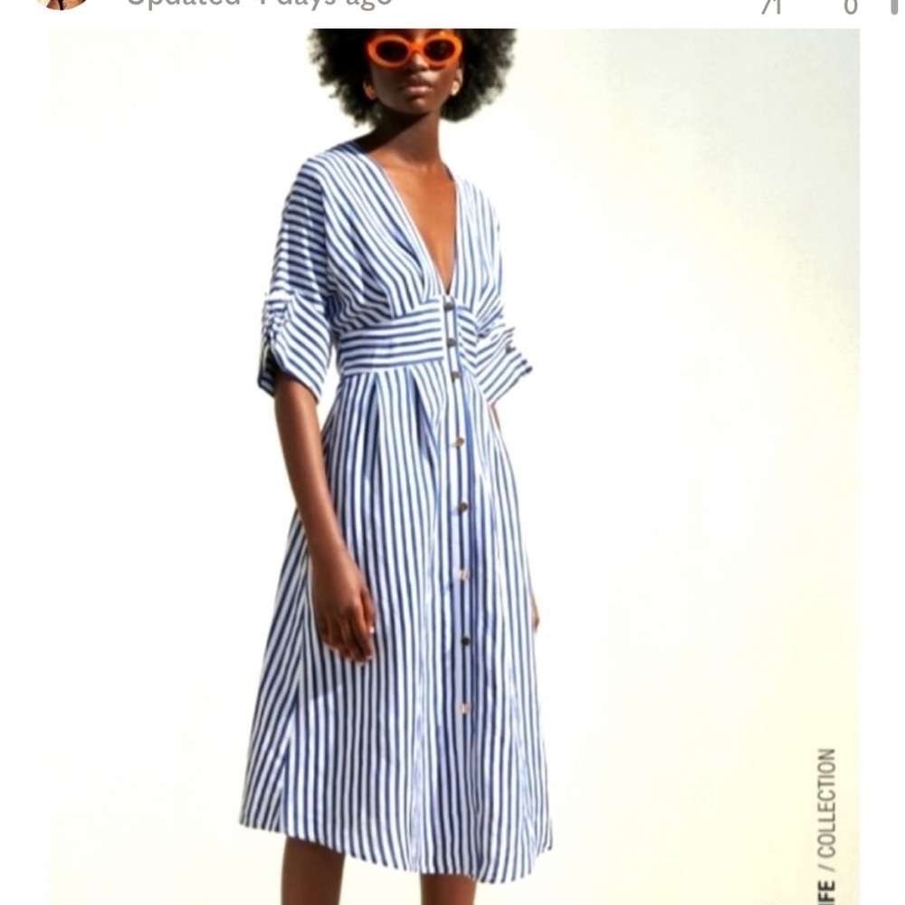 Zara Linen Striped Blue and White V-Neck Dress